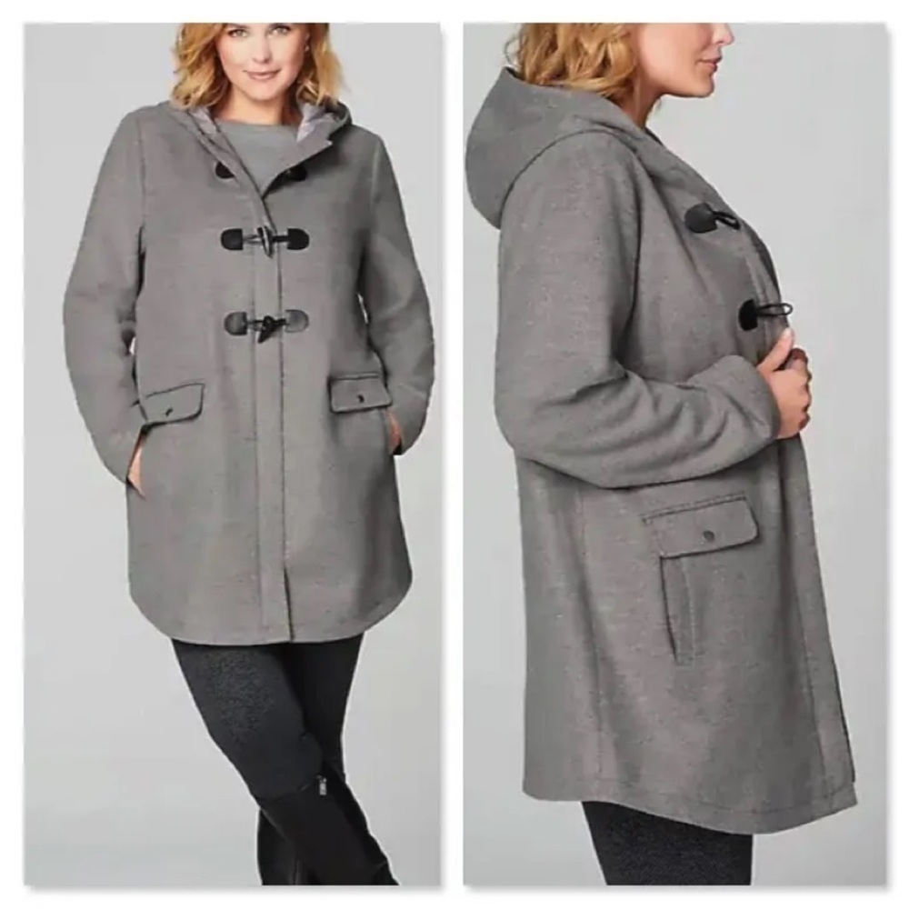 J. Jill Gray Duffle Toggle Coat Hooded Fully Lined Poly Rayon